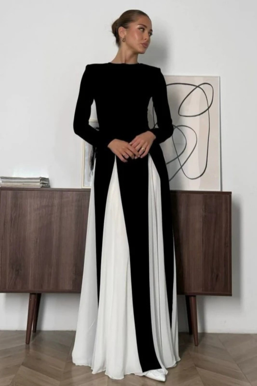 Fall Winter Round Neck Color Block Long Sleeve High Waist Slim Chic Retro Dress - Picture 2 of 6